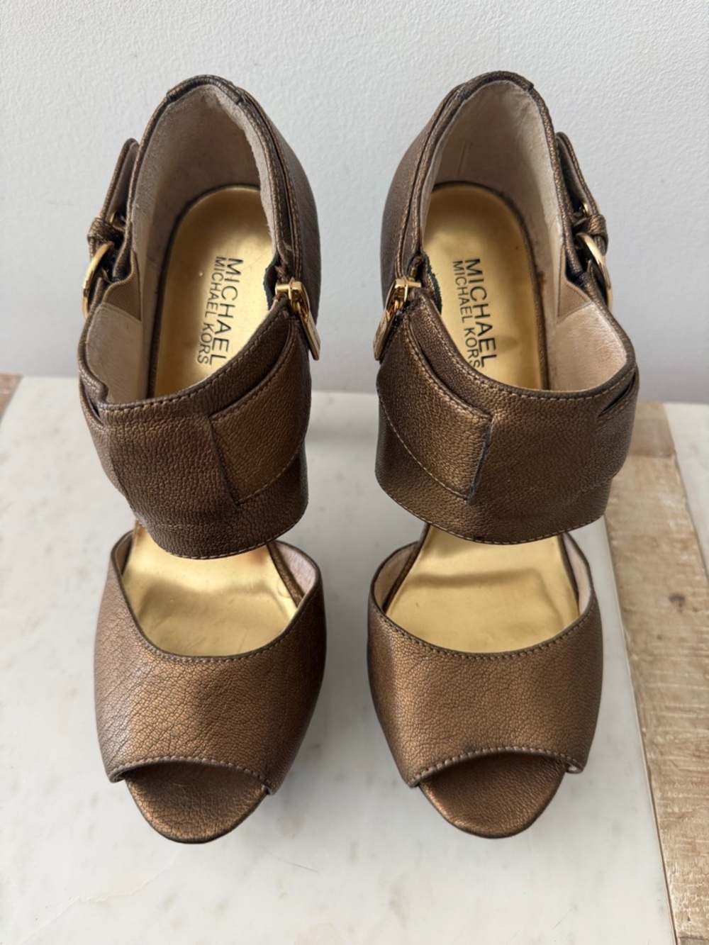 MICHAEL Michael Kors Metallic Bronze Open-Toe Ankle Strap Heels